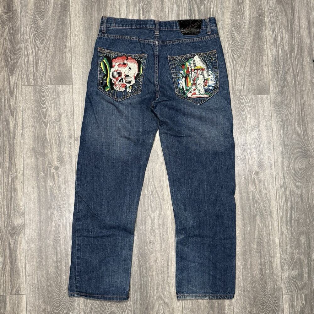 VTG Ed Hardy Christian Audigier Jeans Mens 34x31 Embroidered Skull Japanese Y2K